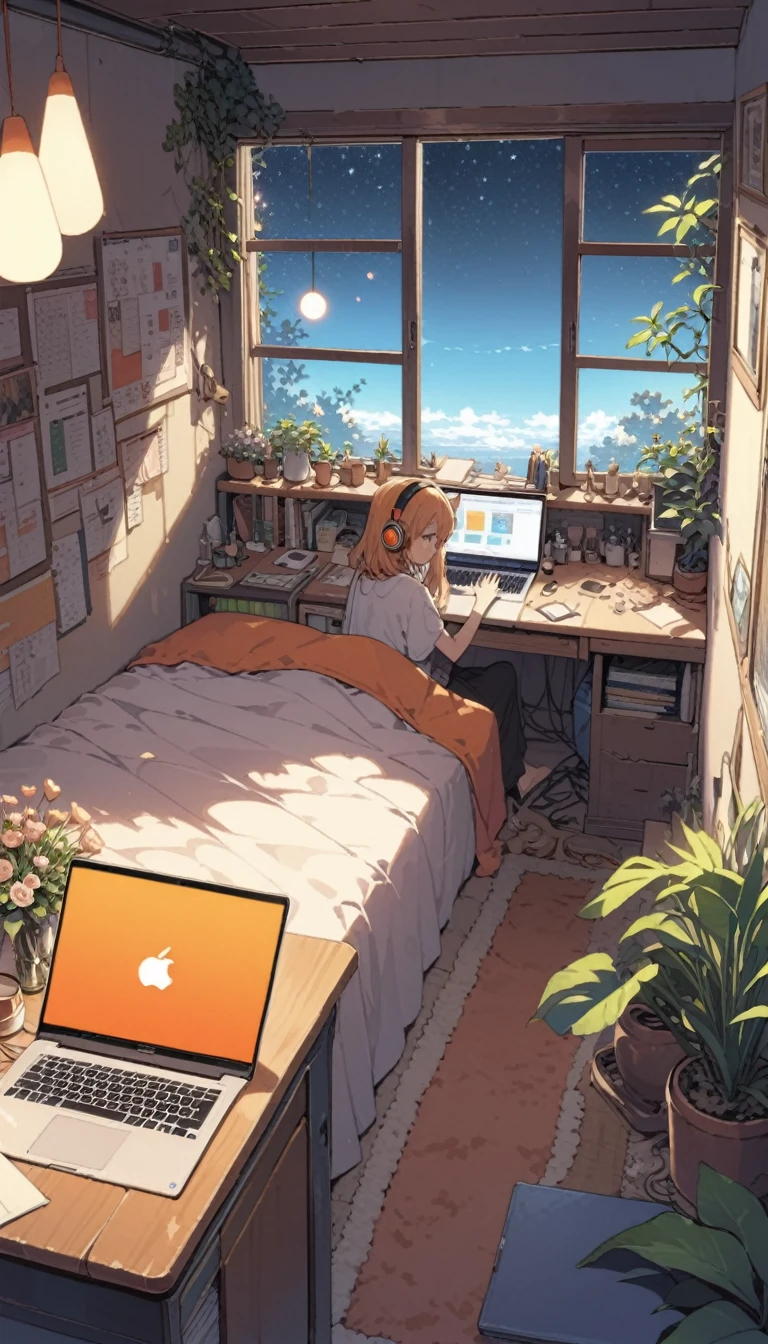 ((anime:1.4,illustration)),(masterpiece, top quality, best quality),(ultra-detailed, absolutely resolution),((16k, high res)). BREAK {lofi art, style of Laurie Greasley, style of Makoto Shinkai, anime aesthetic} BREAK {illustration of A girl is lying on her bed in a room, she is listening to music on her headphones and touching her cell phone, it is dark outside the window and the stars are shining, there are plants, a bed, a bookshelf, a study desk, a laptop computer, a coffee cup and a vase of flowers on the desk, the room is colorful with orange as the base color. A colorful room with a orange base}