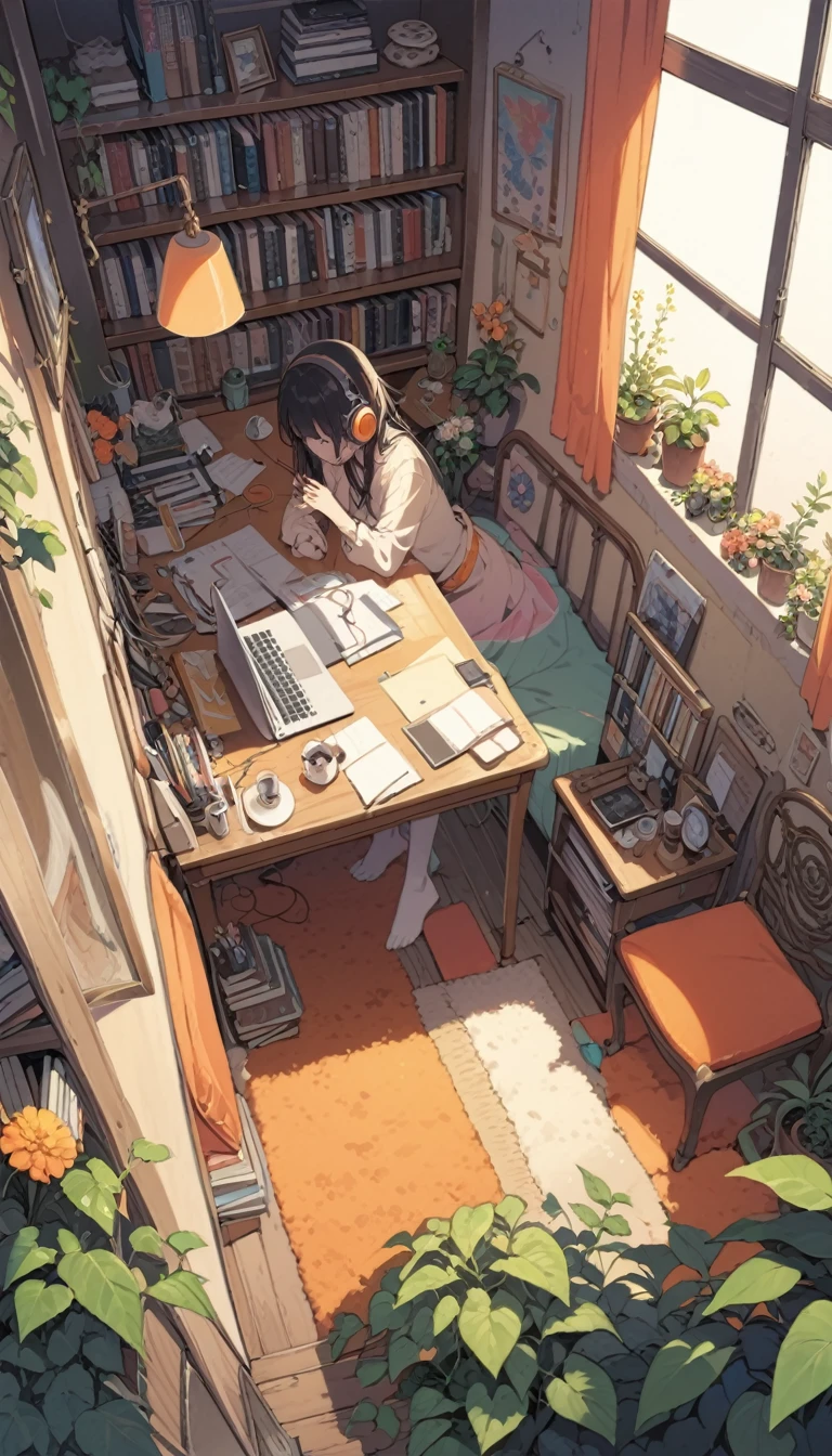 ((anime:1.4,illustration)),(masterpiece, top quality, best quality),(ultra-detailed, absolutely resolution),((16k, high res)). BREAK {lofi art, style of Laurie Greasley, style of Makoto Shinkai, anime aesthetic} BREAK {illustration of A girl is lying on her bed in a room, she is listening to music on her headphones and touching her cell phone, it is dark outside the window and the stars are shining, there are plants, a bed, a bookshelf, a study desk, a laptop computer, a coffee cup and a vase of flowers on the desk, the room is colorful with orange as the base color. A colorful room with a orange base}