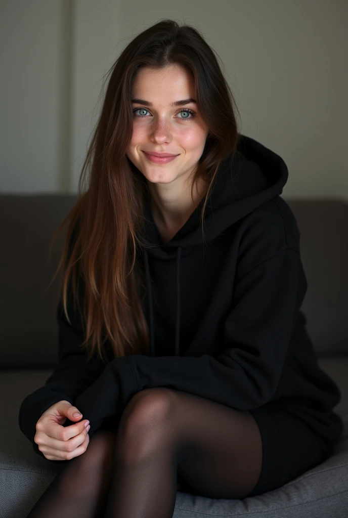 dark brown hair、straight hair、full body 、teaing smile、 she wears a black hoodie.、black pantyhose、adult german woman、blue eyes 、lays on a couch、young german woman、wide angle、 she has blue eyes.、