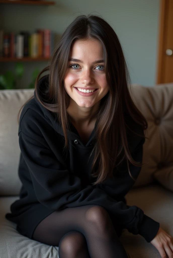 dark brown hair、straight hair、full body 、teaing smile、 she wears a black hoodie.、black pantyhose、adult german woman、blue eyes 、lays on a couch、young german woman、wide angle、 she has blue eyes.、