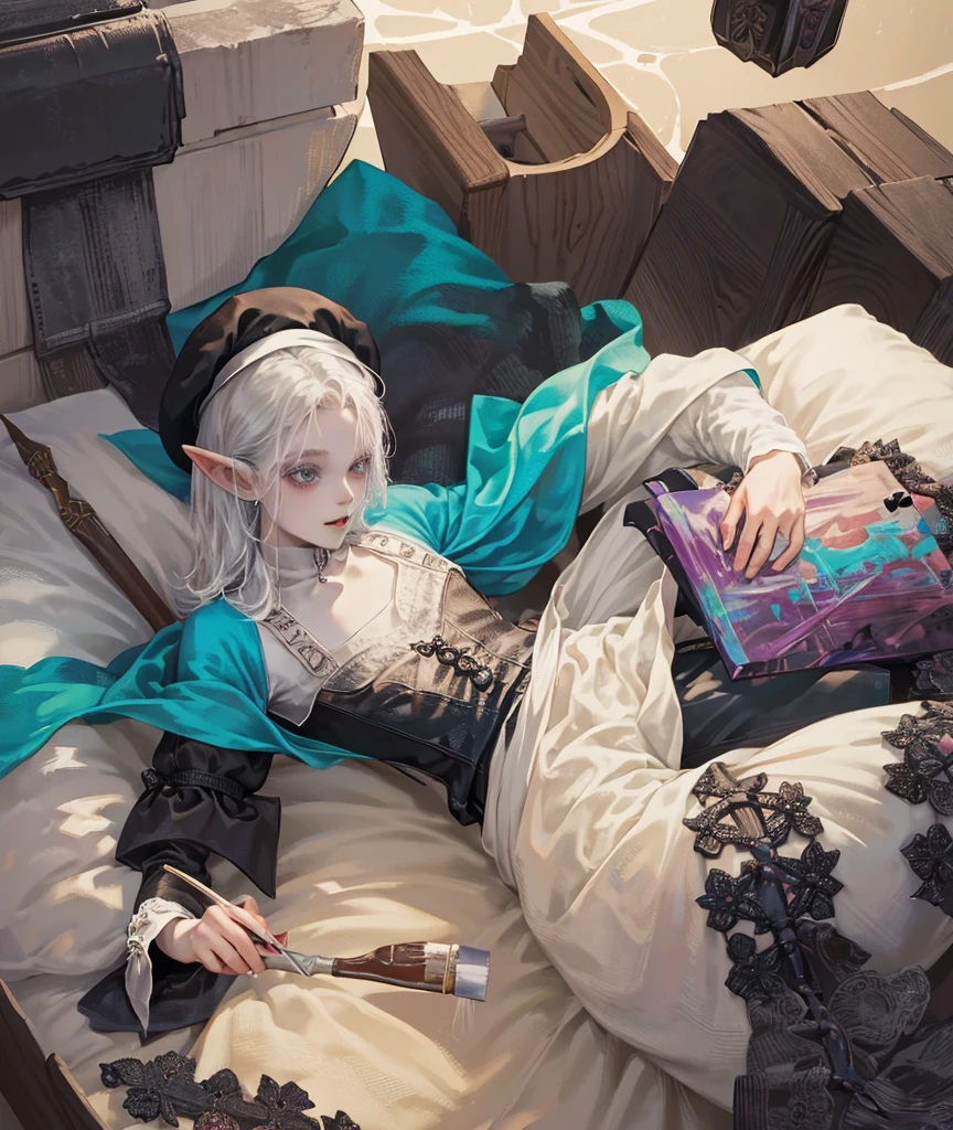 1boy, a Young Vampire-Elf, He is holding a paintbrush and palette, painting on a canvas,
((((Gothic Thema)))),
beautiful landscape on a canvas in his bright and airy studio.
wearing a beret, baby face, adult, smil body,