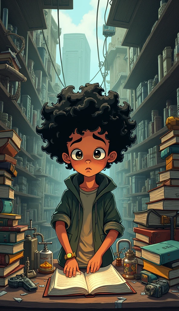 “A boy between 20 and 2, blacksad, slum dweller, with curly hair and a curious look, is surrounded by books, improvised technological tools and devices. He explores several areas of knowledge, from physics to music, in a small space full of creativity. Despite the difficulties around you, your mind is an expanding universe, connecting ideas and creating innovative solutions. He embodies the spirit of a true polymath, determined to transcend the limitations imposed by the environment in which he lives.”