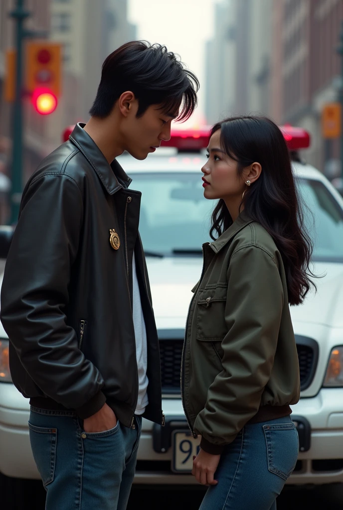 In the background, a Chicago police car. Leaning against it a man and a woman. The man taller than her. Korean man in his 30s with a detective badge in casual clothes. The non-Korean woman in her 29s, dark brown eyes and hair, slightly wavy hair.