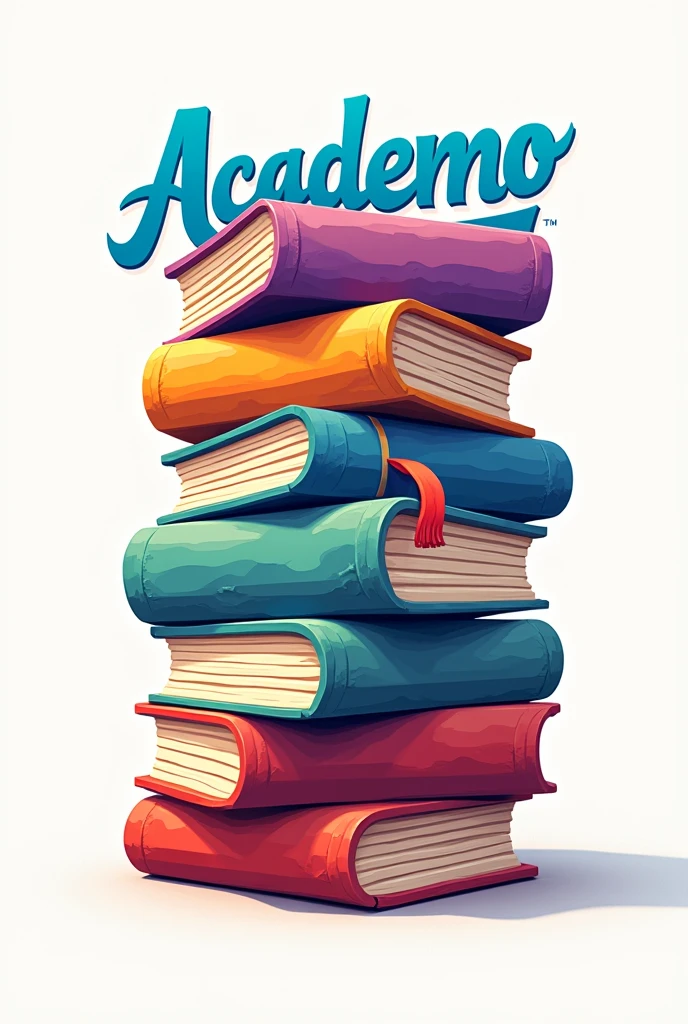 Create a logo with many stacked books and on top of it the word academo in blue and the rest in different colors