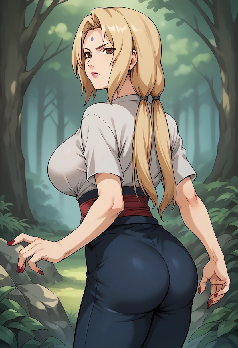 score_9, score_8_up, score_7_up, BREAK, score_9, tsunade, tsunade's Default Dressing \(clothes\), blonde hair, long hair, low twintails, hair tie, brown eyes, forehead mark, pink lipstick, mature female, large breasts, red nails, collarbone, blue obi, blue pants, looking at viewer, cowboy shot, ass, from behind, forest