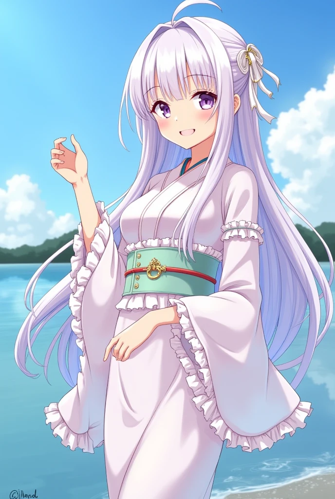 Anime Style、high resolution、超high resolution、beauty、Character Settings: 「Idolmaster Cinderella Girl」、beautiful girl、Camera Position:whole body、expression:Light purple eyeshadow on the eyes、A kind smile、Body Type:slim、clothing:kimono、Long frilly sleeves、Frifry skirt、head:White ribbon、hair ornaments、character:Calm atmosphere、background:lake、Multiple poses、bonus:blue sky。(She happily raises her hand)。