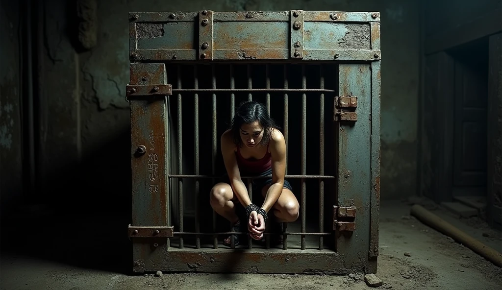 A girl screams as she is tied up and hung with barbed wire