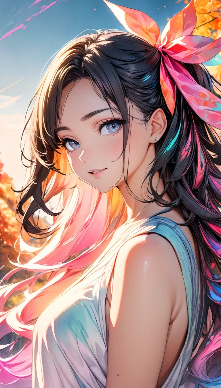 (8k, Highest quality, masterpiece:1.2),(Highest quality:1.0), (Ultra-high resolution:1.0), watercolor, Beautiful woman, shoulder, Hair Ribbon, Agnes Cecil, Half Body Portrait, Very bright and luminous design, pastel colour, (ink:1.3), Autumn Light,