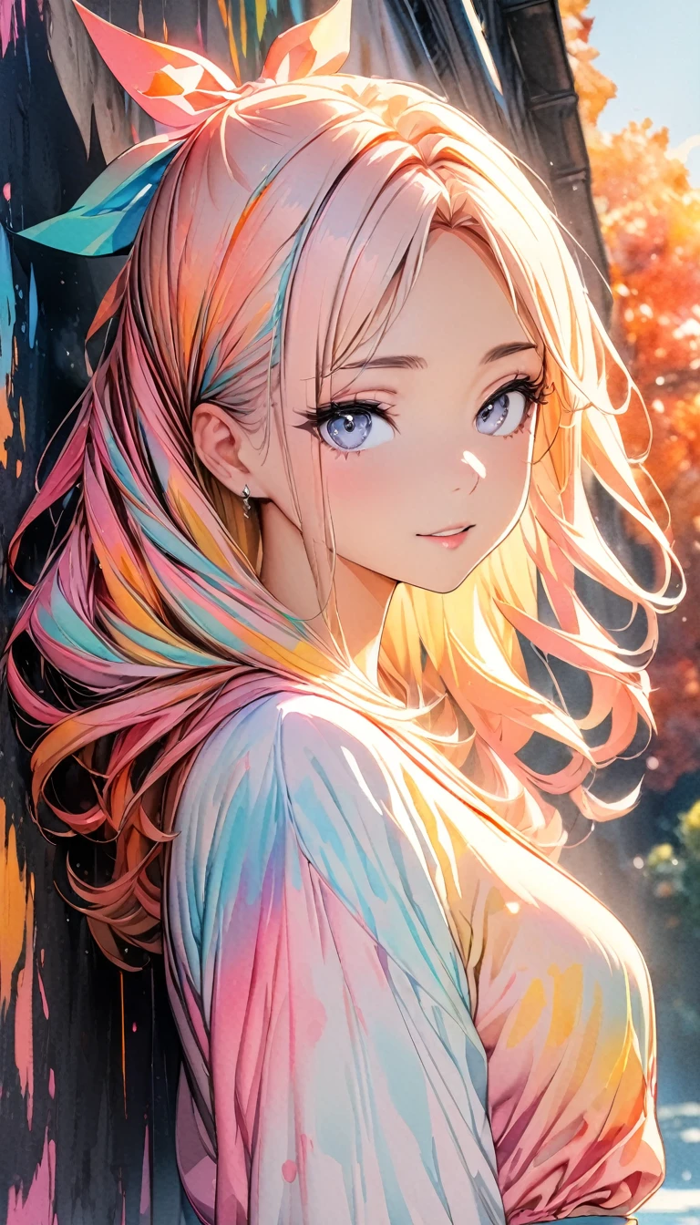 (8k, Highest quality, masterpiece:1.2),(Highest quality:1.0), (Ultra-high resolution:1.0), watercolor, Beautiful woman, shoulder, Hair Ribbon, Agnes Cecil, Half Body Portrait, Very bright and luminous design, pastel colour, (ink:1.3), Autumn Light,