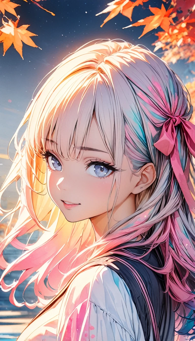 (8k, Highest quality, masterpiece:1.2),(Highest quality:1.0), (Ultra-high resolution:1.0), watercolor, Beautiful woman, shoulder, Hair Ribbon, Agnes Cecil, Half Body Portrait, Very bright and luminous design, pastel colour, (ink:1.3), Autumn Light,