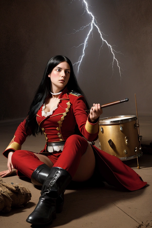 A girl with long black hair in a red suit of the Napoleonic wars, boots on her feet, guns are firing, she plays the drums, corpses of soldiers are lying on the battlefield, a thunderstorm is coming, lightning flashes on the floor
