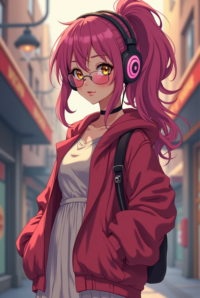 90's style anime, vintage classic anime aesthetic, long dark pink hair, ponytail, frizzy hair 90s anime style, 90's fashion, jacket, fashionable, dress over jacket, rose tinted glasses, yellow eyes, headphones
