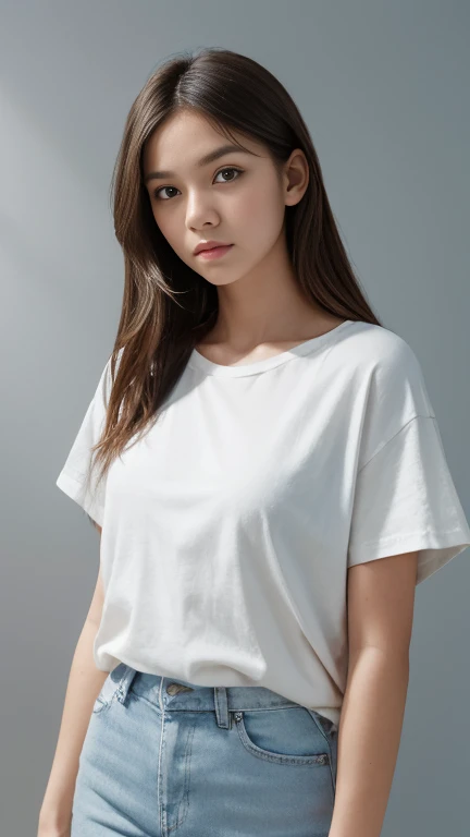A soft-focus studio photograph of a young woman, pretty face,neutral expression, wearing a plain oversized white t-shirt,light blue jeans, straight-on pose, subtle waves in her hair, standing against a light grey background. Soft natural lighting, muted shadows, high-definition quality