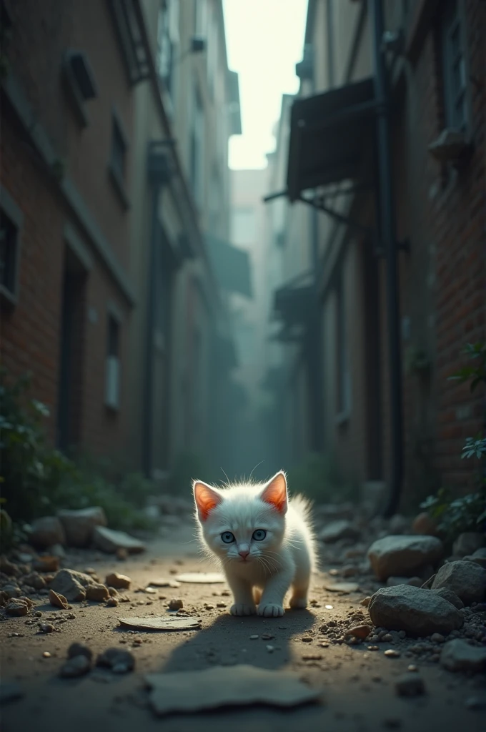 A small, fluffy white kitten with bright blue eyes is wandering alone in a dimly lit alley. The alley is lined with old, crumbling brick walls, and the kitten looks curious but slightly anxious as it explores.