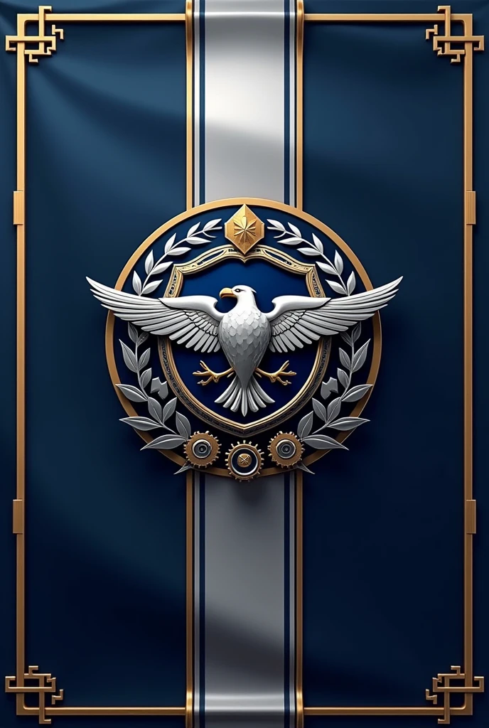 flag:
Flag Design Description:
Overall Shape: The flag is rectangular, with proportions of 3:2, ensuring that it’s visually balanced and suitable for both large displays and smaller representations.
Background Colors: The flag features a deep navy blue background, symbolizing stability and trust. A bold diagonal stripe runs from the top left to the bottom right, in a gradient from metallic silver to platinum, representing progress and cutting-edge technology.
Borders: The flag is bordered by a double trim. The inner border is a rich gold, symbolizing wealth and prosperity, while the outer border is a thin black line, adding a touch of formality and sophistication.
Corporate Emblem Placement: At the center of the flag is the corporate emblem. It is encased within an intricate circular frame, designed in gold and silver intertwining leaves and gears, symbolizing the fusion of nature and industry, growth, and precision.
Corporate Emblem Design:
Central Symbol: At the heart of the emblem is a stylized shield, divided into four quadrants:
Top Left Quadrant: A powerful eagle with its wings spread wide, symbolizing strength and vision.
Top Right Quadrant: An intricate gear and hammer crossed, representing industrial prowess and hard work.
Bottom Left Quadrant: A world globe with a digital grid overlay, symbolizing global reach and technological advancement.
Bottom Right Quadrant: A laurel wreath encircling a torch, signifying victory, honor, and enlightenment.
Surrounding Elements: Encircling the shield are twelve stars, each representing the core values of the corporation, evenly spaced within the circular frame.
Motto Banner: Below the emblem, a flowing banner in platinum color displays the company’s motto in an elegant serif font. The text is in black, providing a sharp contrast and ensuring legibility.
Additional Details: Subtle, ornate filigree patterns in silver weave through the background behind the emblem, adding depth and texture to the design without ove