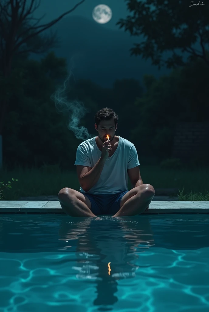 A man smoking in swimming pool at night