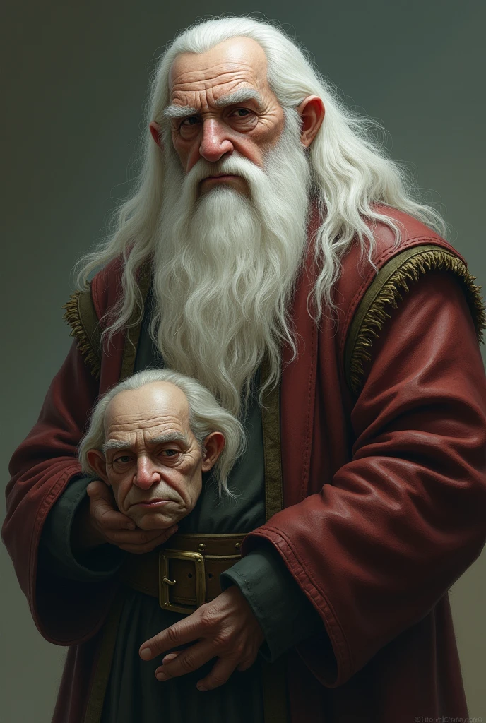 (He is a character for Dungeons and Dragons He is a person who suffers from craniopagus That is, he has a small extra head He is fat, white, tiene el pelo white largo, is a person over 50 years old