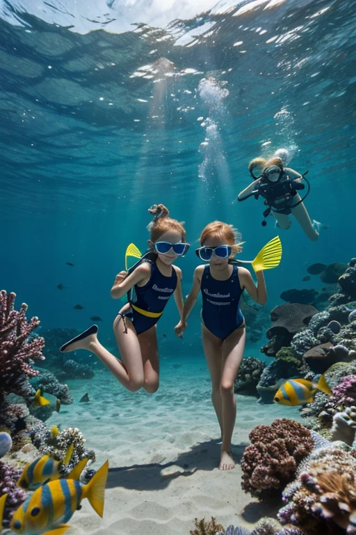 Happy skinny kids family scuba-diver sweden, with short ginger hair, dressed in light panties swimsuit, happy to pet fish, on a scorching summer day, in the lagoon on holidays.
