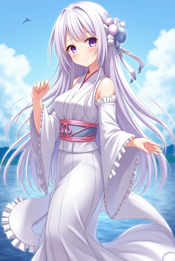 Anime Style、high resolution、超high resolution、beauty、Character Settings: 「Idolmaster Cinderella Girl」、beautiful girl、Camera Position:whole body、expression:Light purple eyeshadow on the eyes、A kind smile、Body Type:slim、clothing:kimono、Long frilly sleeves、Frifry skirt、head:White ribbon、hair ornaments、character:Calm atmosphere、background:lake、Multiple poses、bonus:blue sky。(She happily raises her hand)。