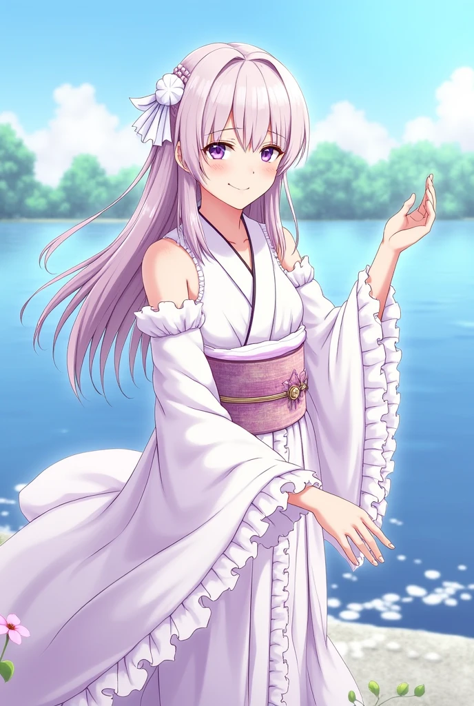 Anime Style、high resolution、超high resolution、beauty、Character Settings: 「Idolmaster Cinderella Girl」、beautiful girl、Camera Position:whole body、expression:Light purple eyeshadow on the eyes、A kind smile、Body Type:slim、clothing:kimono、Long frilly sleeves、Frifry skirt、head:White ribbon、hair ornaments、character:Calm atmosphere、background:lake、Multiple poses、bonus:blue sky。(She happily raises her hand)。