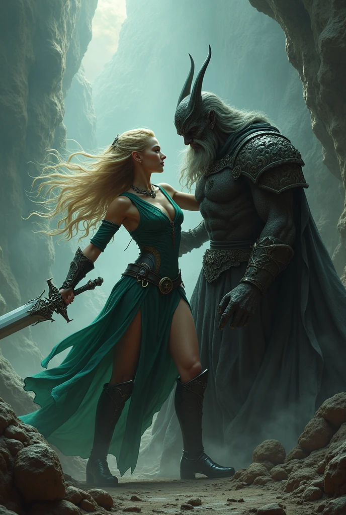 female sexy version of Legolas fighting Sauron, (irony, sarcasm, funny situation), (heavy metal opus), (action-packed movie scene), (epic fantasy masterpiece), (detailed faces and bodies), (expression of despair), (macabre mix of horror and fantasy), (scene from Dungeons & Dragons),