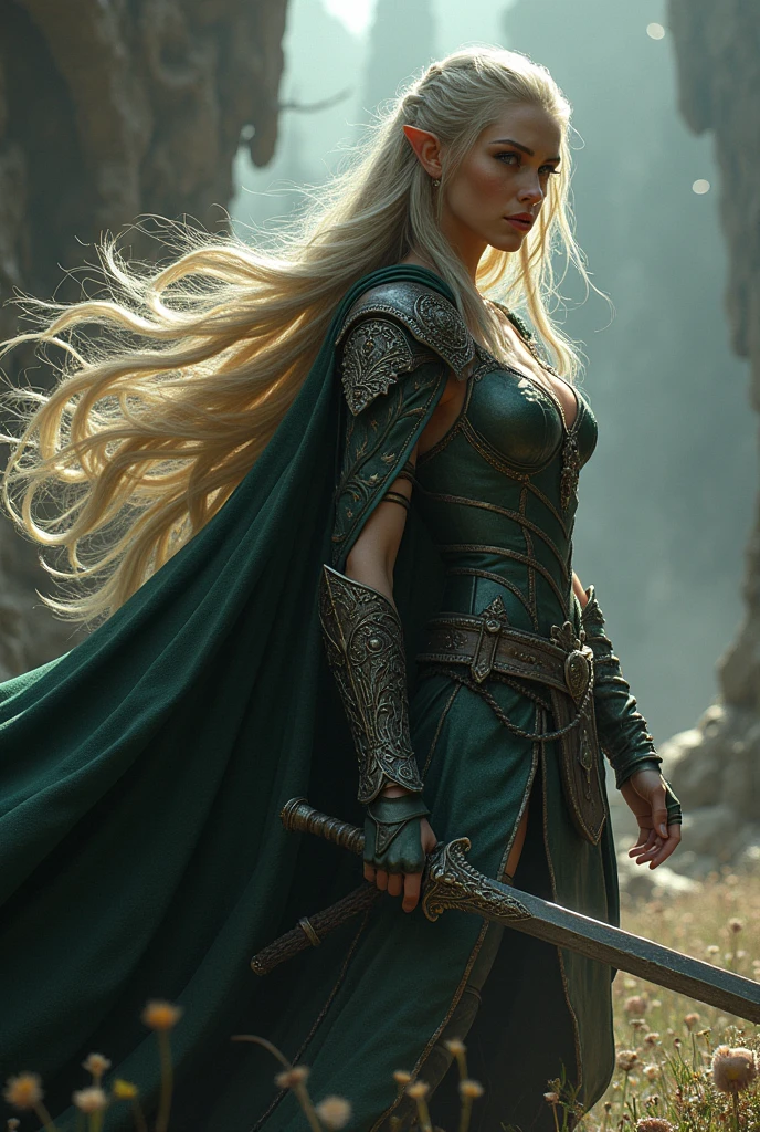 female sexy version of Legolas fighting Sauron, (irony, sarcasm, funny situation), (heavy metal opus), (action-packed movie scene), (epic fantasy masterpiece), (detailed faces and bodies), (expression of despair), (macabre mix of horror and fantasy), (scene from Dungeons & Dragons),