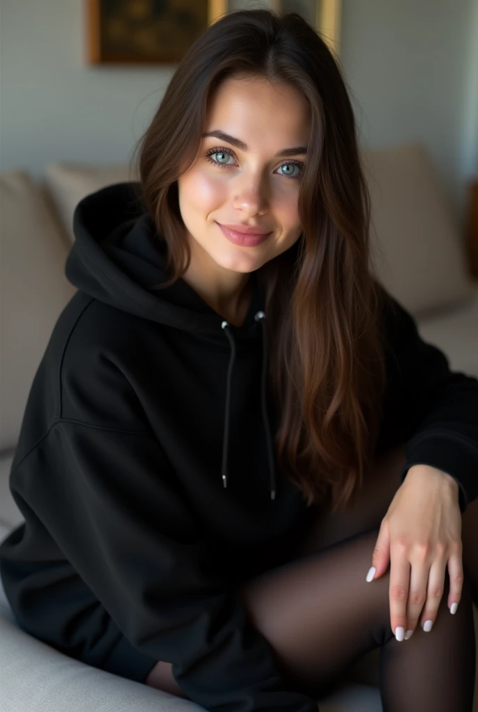 dark brown hair、straight hair、full body 、teaing smile、 she wears a black hoodie.、black pantyhose、adult german woman、blue eyes 、leaning on a couch、young german woman、wide angle、 she has  blue eyes.、