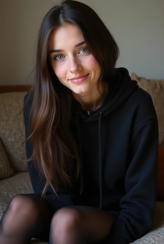 dark brown hair、straight hair、full body 、teaing smile、 she wears a black hoodie.、black pantyhose、adult german woman、blue eyes 、leaning on a couch、young german woman、wide angle、 she has blue eyes.、