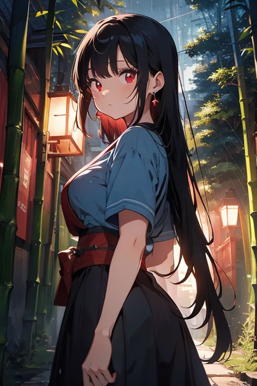 masterpiece, best quality, official art, 8k wallpaper, highly detailed, illustration,Dynamic ink painting of the Japanese bamboo forest, great art, great depth, ground photography, the world's most beautiful bamboo forest, a woman under the blue moon (high-quality make-up glamorous earrings with red eyes) It's raining in a very high-quality painting, and the high-quality raindrops are visible