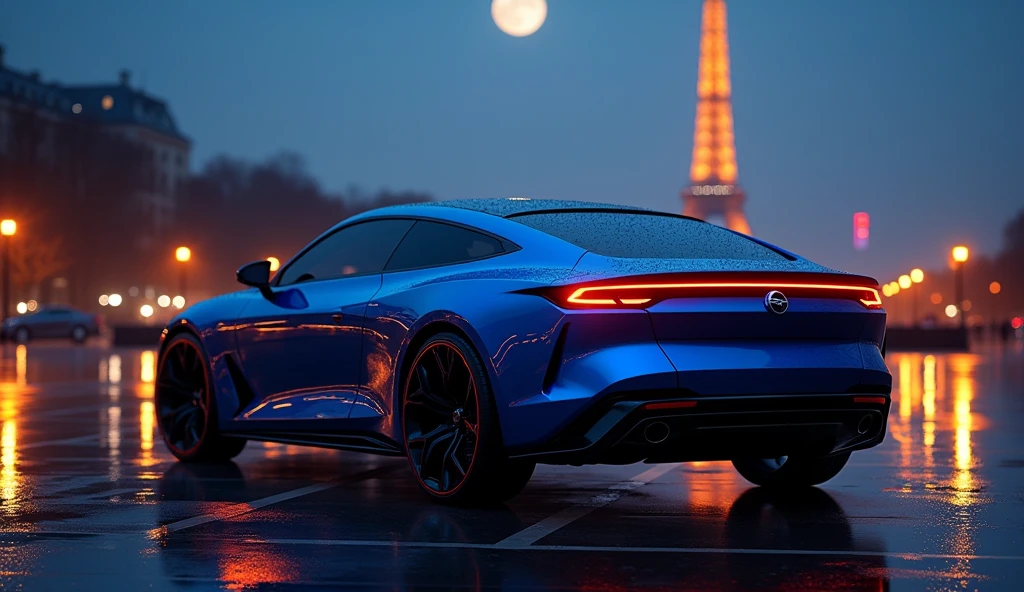 Créer une image HD 16K de haute qualité, Ultra réaliste, photo réaliste, plan de3/4 arrière, prototype opel, avec les traits distinctifs de l'Opel Astra 6, berline compacte coupé, avec des caractéristiques rappelant l'Opel Manta E, les caractéristiques de la légende 504. Grille avant Opel visière, calandre nouvelle Opel Astra 6, calandre Opel nouvelle Mokka,feux diurnes allumés, lunette arrière légèrement teintée, révélant un intérieur moderne, deux couleurs de carrosserie bicolores bleu ciel kobalt métallisé et noir, Jante noire. Positionner sur l'esplanade de la tour Eiffel, Nuit, feux de ville et tour Eiffel, reflets de la lumière de la lune et des lumières de la ville sur la carrosserie, logos Opel réalistes.