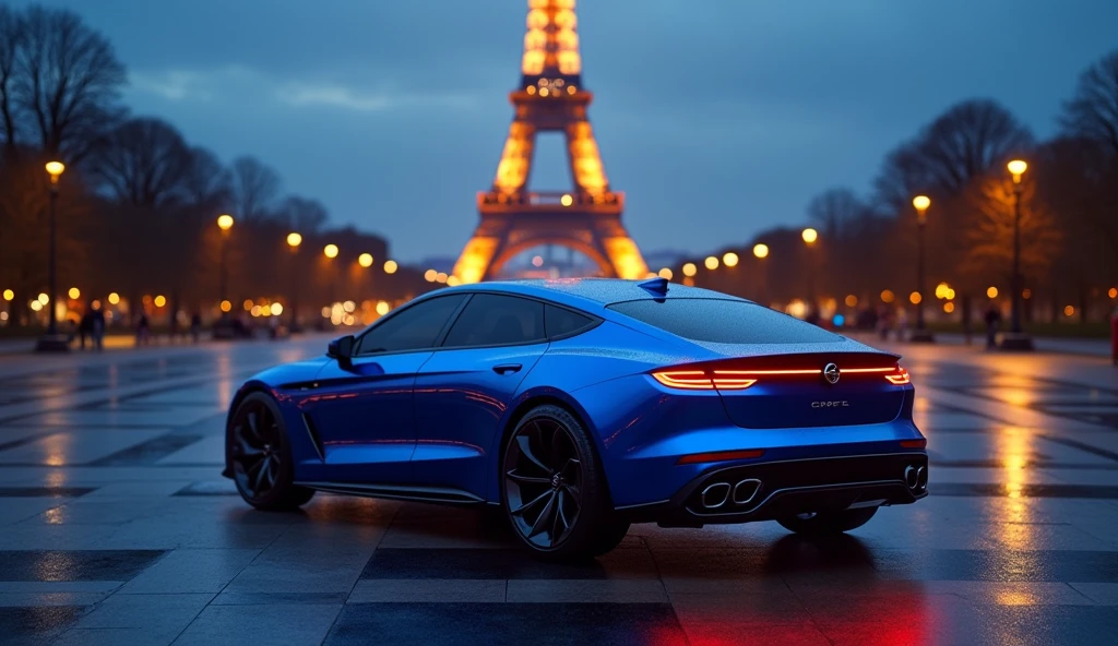 Créer une image HD 16K de haute qualité, Ultra réaliste, photo réaliste, plan de3/4 arrière, prototype opel, avec les traits distinctifs de l'Opel Astra 6, berline compacte coupé, avec des caractéristiques rappelant l'Opel Manta E, les caractéristiques de la légende 504. Grille avant Opel visière, calandre nouvelle Opel Astra 6, calandre Opel nouvelle Mokka,feux diurnes allumés, lunette arrière légèrement teintée, révélant un intérieur moderne, deux couleurs de carrosserie bicolores bleu ciel kobalt métallisé et noir, Jante noire. Positionner sur l'esplanade de la tour Eiffel, Nuit, feux de ville et tour Eiffel, reflets de la lumière de la lune et des lumières de la ville sur la carrosserie, logos Opel réalistes.