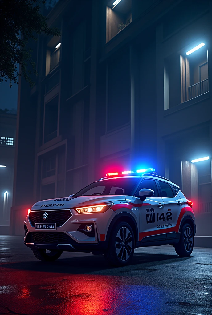 Maruti Suzuki Brezzawith police light at night infront of a building with number plate UP42AX0049
