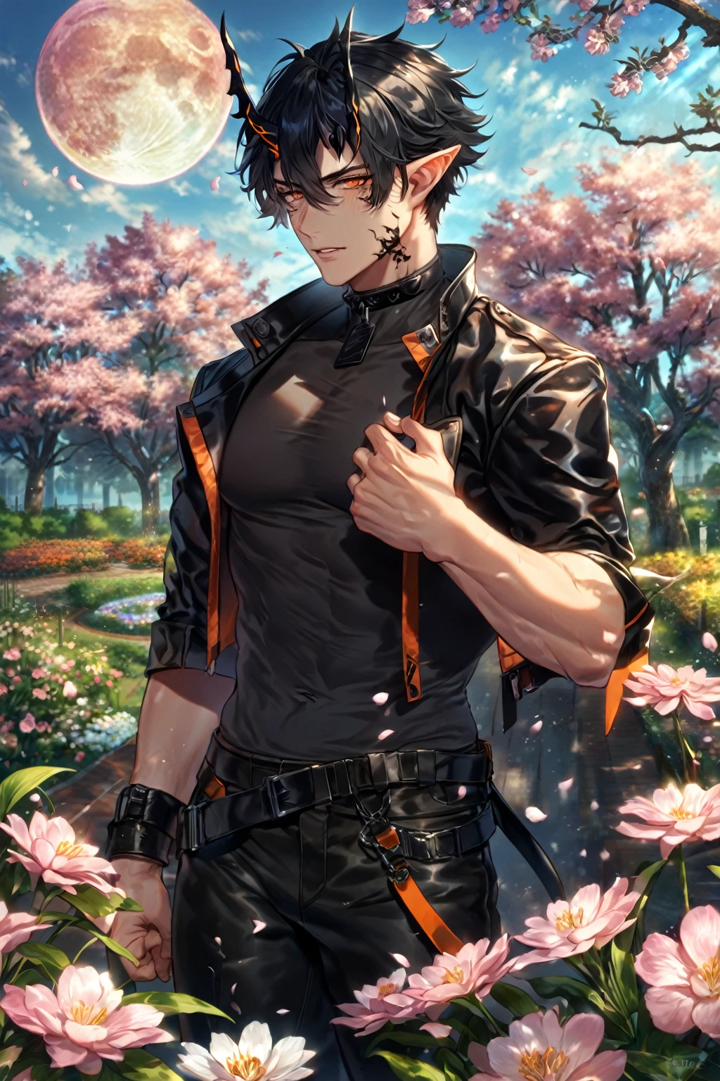 absurdres, highres, ultra detailed, HDR) master piece, best quality, extremely detailed, detailed face, detailed eyes, delicated features, Flamebringer, black hair, expressive orange eyes, Arknights, solo, sexy man, handsome, toned, sensual, black horns, slightly pointed ears, black marks on the face, cropped leather jacket with orange patterns, tight turtleneck shirt, collar, black leather pants, cherry blossoms, garden, pink flowers, fantasy, magical, pink moon, blue sky