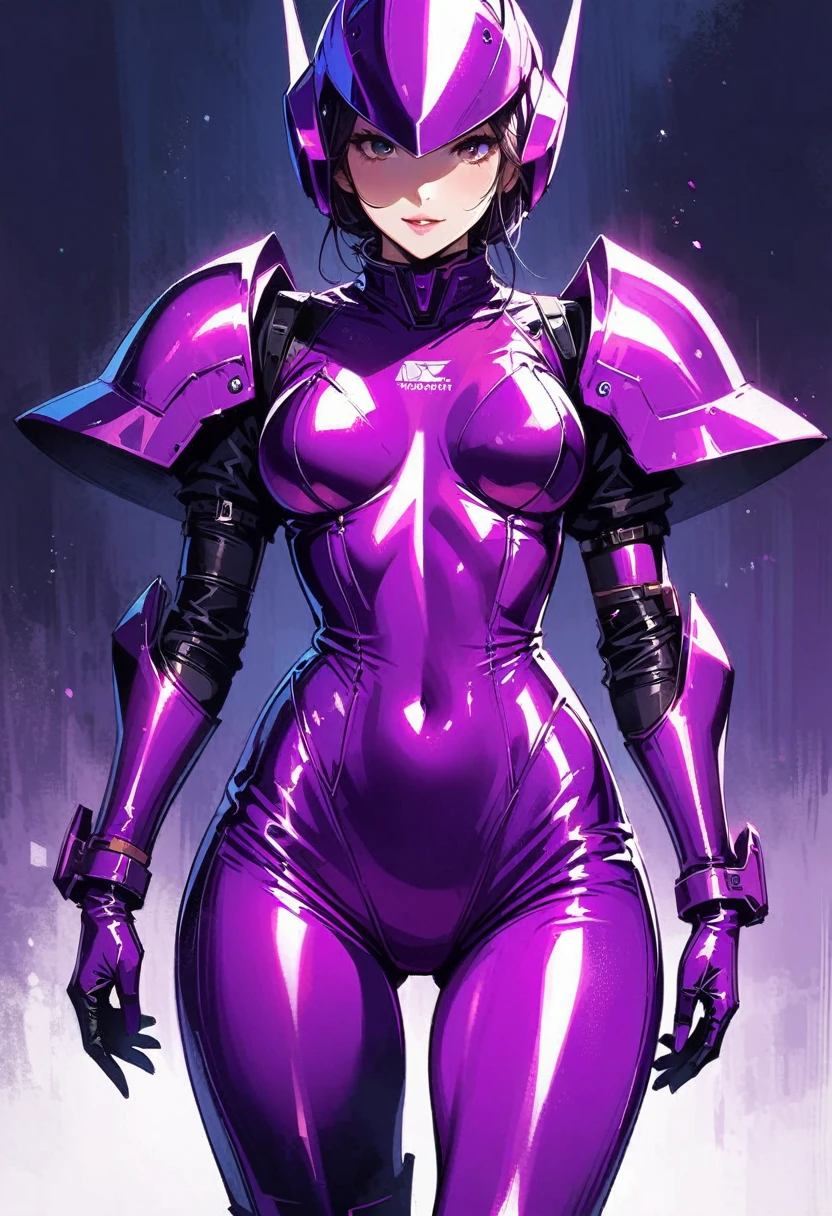 Allalyn in a shiny purple suit standing on the floor, latex shiny, Wearing Kudo Tsuko latex suit, wearing a tight suit, smooth purple skin, Purple body, shiny metallic skin, shiny plastic, Futuristic glossy latex suit, shiny plastic armor, shiny skin, body-hugging suit, wearing latex, shiny and metallic, glowing purple, smooth,cloak, exoskeleton