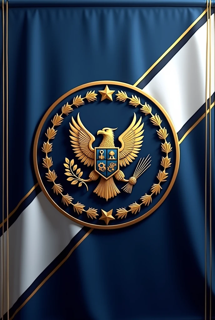 flag:
Flag Design Description:
Overall Shape: The flag is rectangular, with proportions of 3:2, ensuring that it’s visually balanced and suitable for both large displays and smaller representations.
Background Colors: The flag features a deep navy blue background, symbolizing stability and trust. A bold diagonal stripe runs from the top left to the bottom right, in a gradient from metallic silver to platinum, representing progress and cutting-edge technology.
Borders: The flag is bordered by a double trim. The inner border is a rich gold, symbolizing wealth and prosperity, while the outer border is a thin black line, adding a touch of formality and sophistication.
Corporate Emblem Placement: At the center of the flag is the corporate emblem. It is encased within an intricate circular frame, designed in gold and silver intertwining leaves and gears, symbolizing the fusion of nature and industry, growth, and precision.
Corporate Emblem Design:
Central Symbol: At the heart of the emblem is a stylized shield, divided into four quadrants:
Top Left Quadrant: A powerful eagle with its wings spread wide, symbolizing strength and vision.
Top Right Quadrant: An intricate gear and hammer crossed, representing industrial prowess and hard work.
Bottom Left Quadrant: A world globe with a digital grid overlay, symbolizing global reach and technological advancement.
Bottom Right Quadrant: A laurel wreath encircling a torch, signifying victory, honor, and enlightenment.
Surrounding Elements: Encircling the shield are twelve stars, each representing the core values of the corporation, evenly spaced within the circular frame.
Motto Banner: Below the emblem, a flowing banner in platinum color displays the company’s motto in an elegant serif font. The text is in black, providing a sharp contrast and ensuring legibility.
Additional Details: Subtle, ornate filigree patterns in silver weave through the background behind the emblem, adding depth and texture to the design without ove