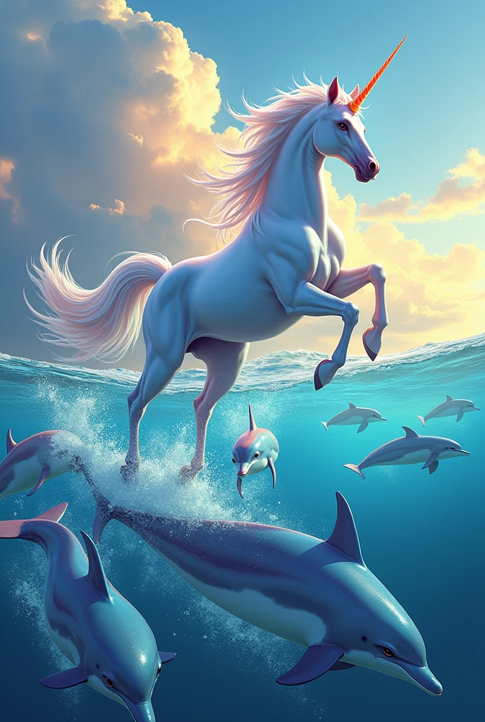 A unicorn flying and dolphins jumping out of the water, with many colors, more colors 
