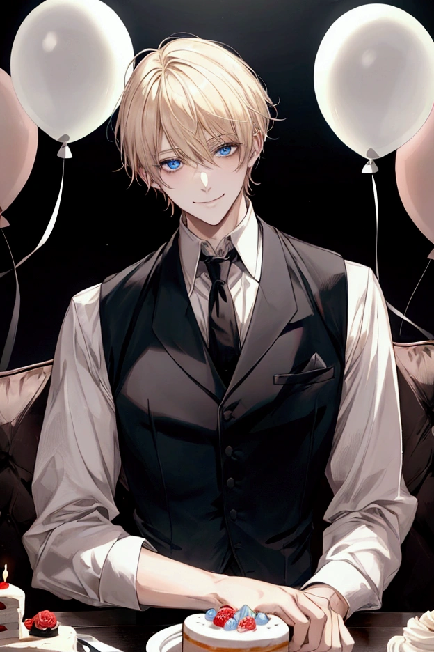 1guy, light blonde hair, short hair, hair split to side, light blue eyes, wearing a white button shirt, wearing black vest and black tie, sitting on couch, balloons in background, cake on table in front, smiling, high quality, good lighting