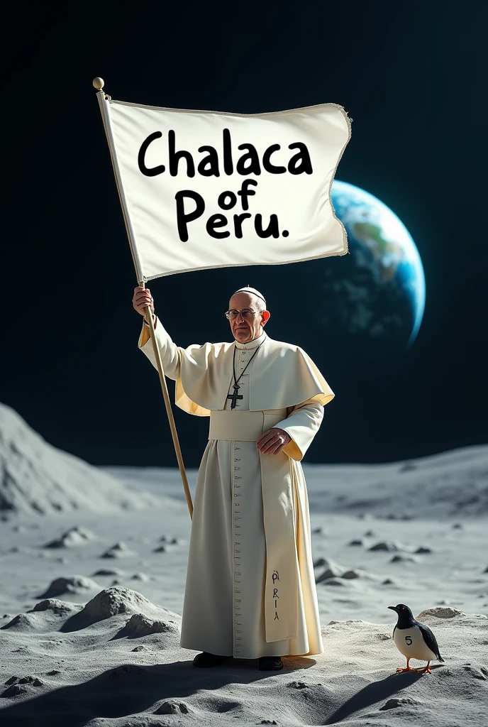 A realistic photo of Pope Francis, on the moon with a white flag that says the phrase chalaca of Peru: 
bird "five" shut up