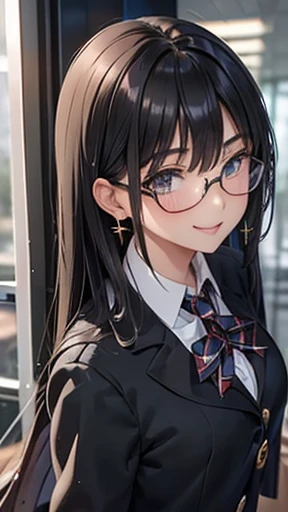 Honor student,Beautiful black hair,long hair,(Straight Hair),high school girl,(boyish),Dark Eyes,Muscular,tall,(Slim body),((A confident smile)),Medium Bust,Gold earrings,Black-rimmed glasses,school uniform,Gray tartan skirt