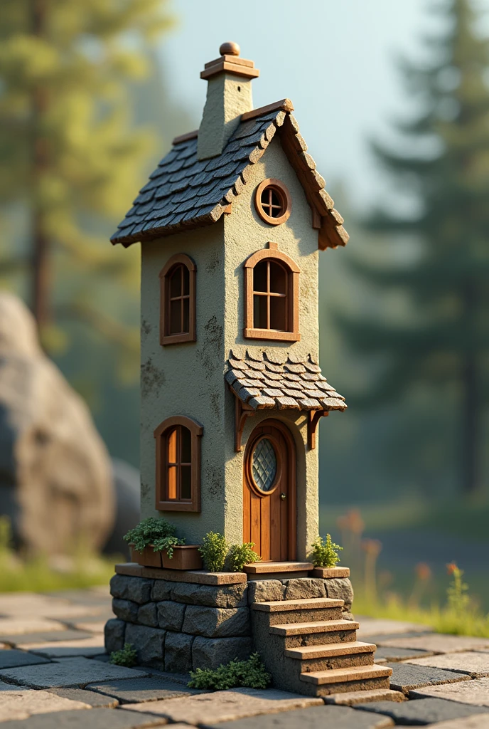 Chess pawn turned into a house, with windows, a door and stairs