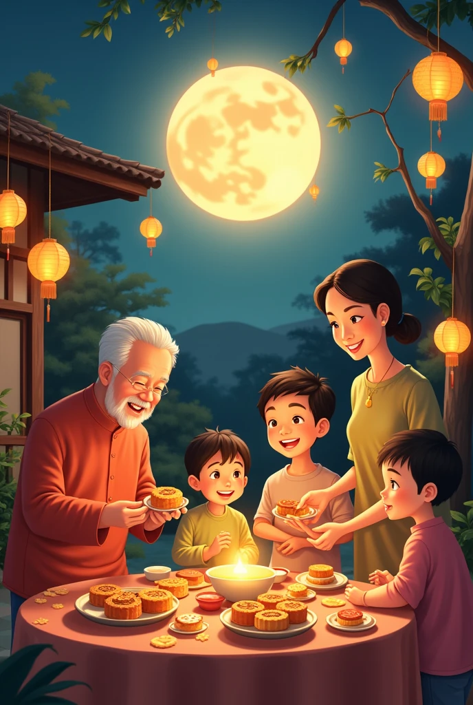 family reunion making moon cakes under the full moon, Children holding mid-autumn lanterns running around playing