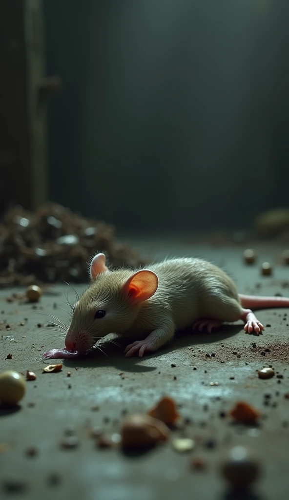 Create a picture of a very sad mouse lying with its tongue out dying after being poisoned