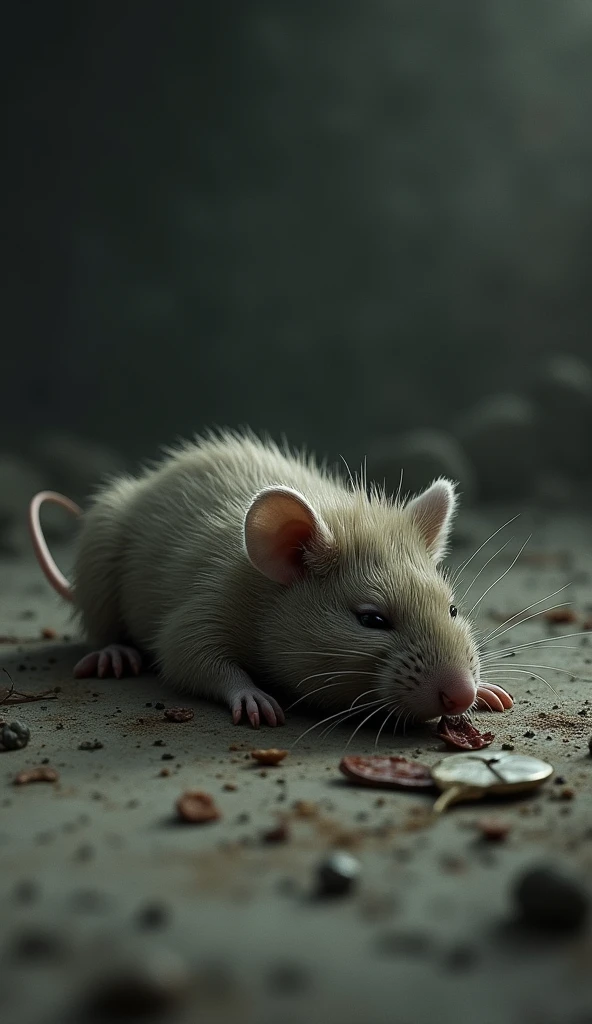 Create a picture of a very sad mouse lying with its tongue out dying after being poisoned