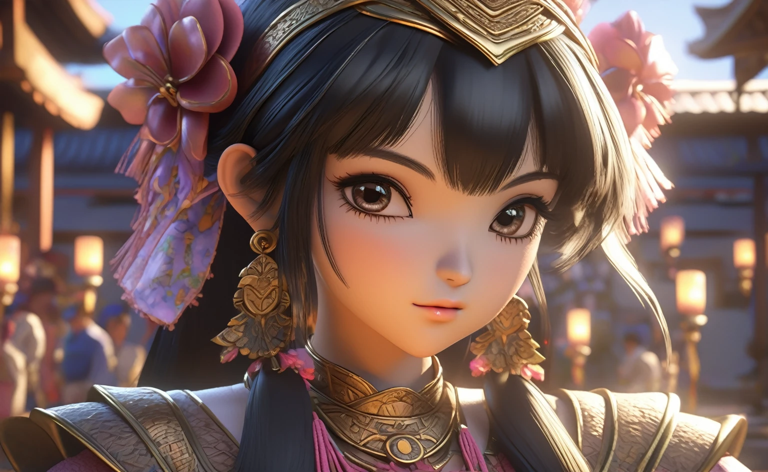 A woman named Mai Valentine, 2, Eyes gazing downward, Ancient times, 3D, Realistic anime character, Extremely detailed face and eyes, Beautifully dressed, Intricate details, Photorealistic, Cinematic lighting, Dramatic shadows