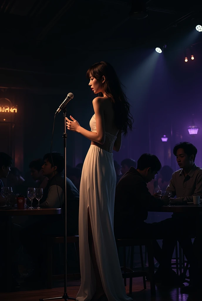 create an image where a woman with delicate features is singing on a stage in a bar, she wears a long white dress, with slit in the leg, the hair is brown and long to the hips. In the audience is a Korean man, wearing casual clothes.The bar is intimate, with purple low lights