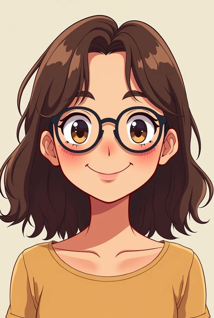 a age girl with glasses and brown hair looking straight at the camera cartoon style smiling
