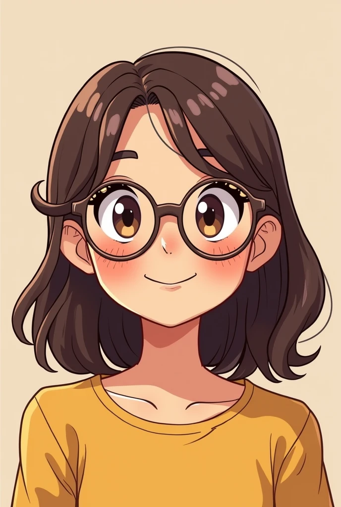 a teenage girl with glasses and brown hair looking straight at the camera cartoon style smiling