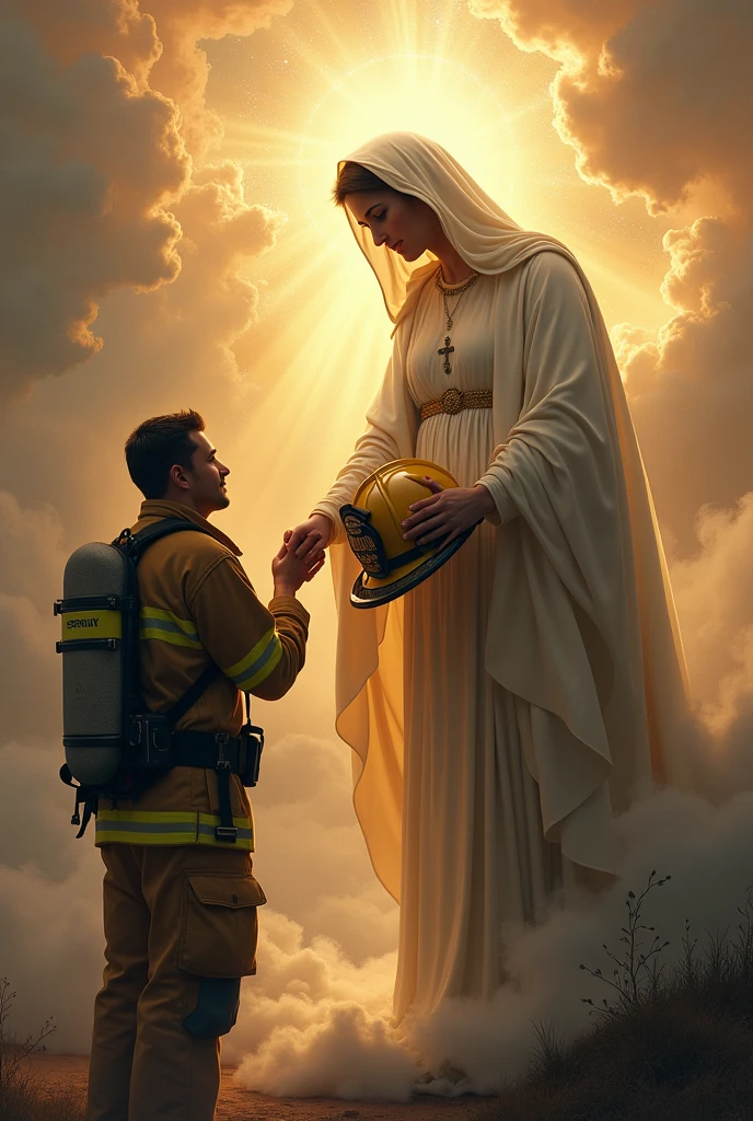 Saint Mary Mother of God blessing a firefighter with helmet in hand