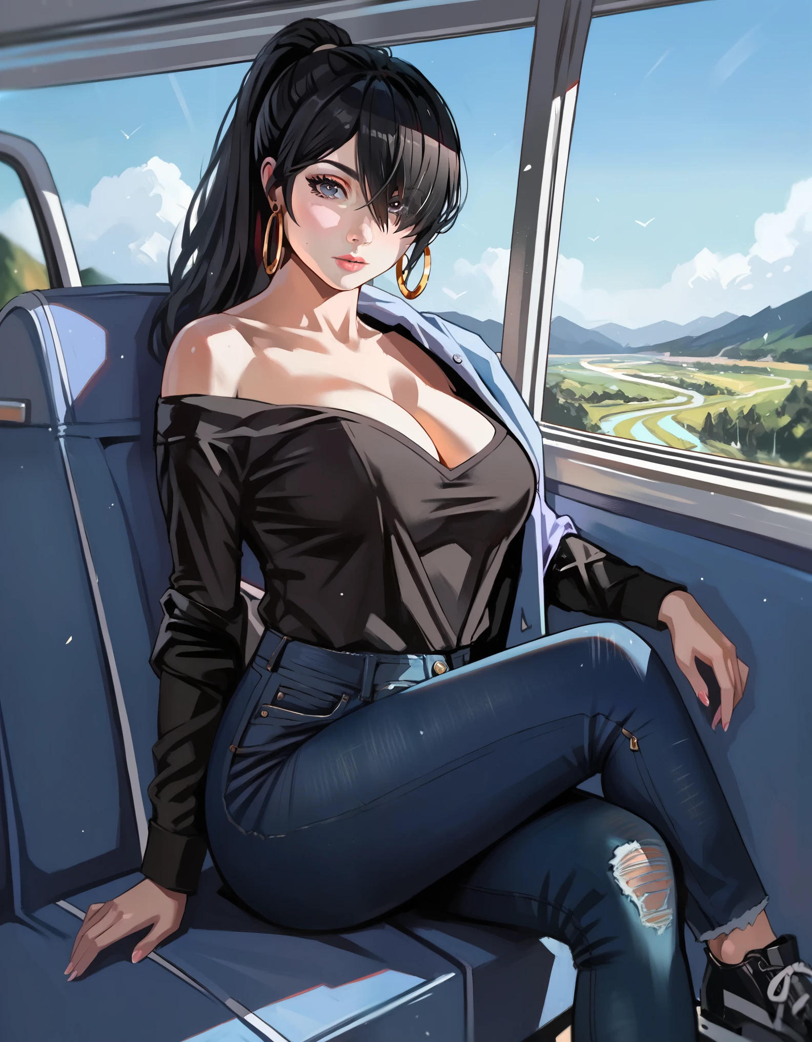 score_9, score_8_up, score_7_up, score_6_up, score_5_up, score_4_up, ((low depth of field)), , (beautiful landscape), BREAK woman sitting in a bus stand, 1girl, pale-skinned female, large breasts, grey eyes, black hair, ponytail hair, hair over one eye, hoop earrings, shirt, off-shoulder shirt, black topwear, jeans, looking at viewer, curious expression
