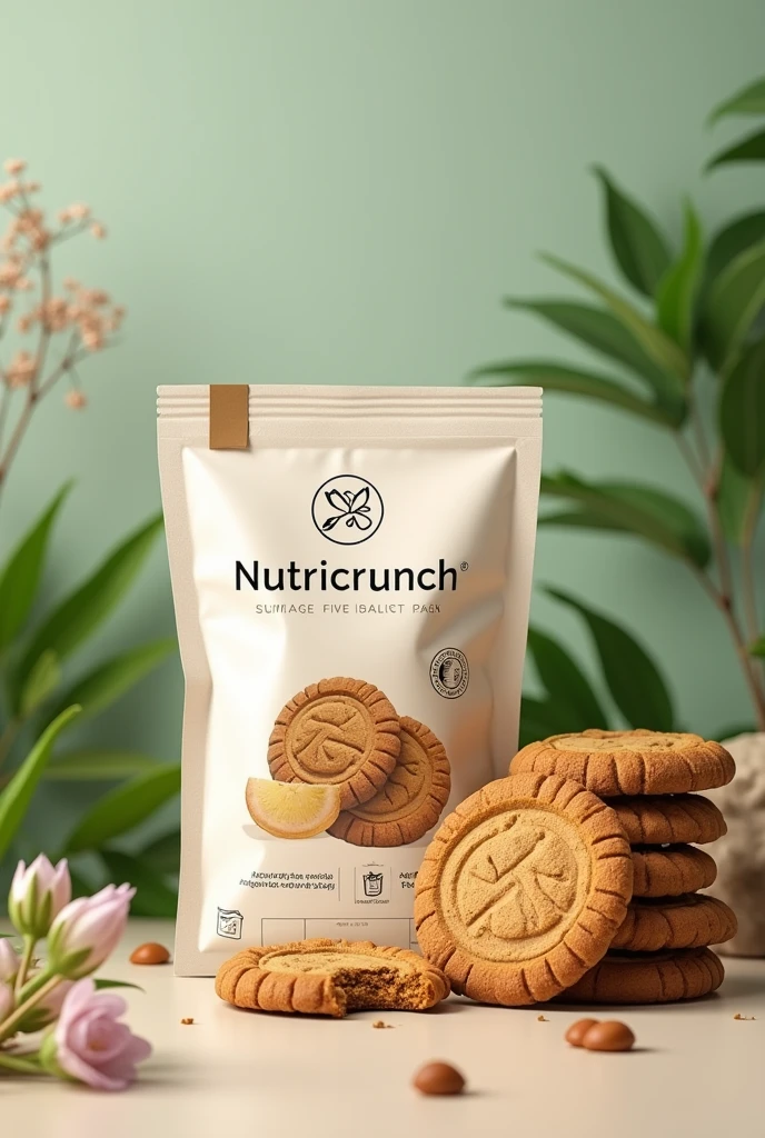 Create a healthy and natural themed cookie pack, with the name NutriCrunch